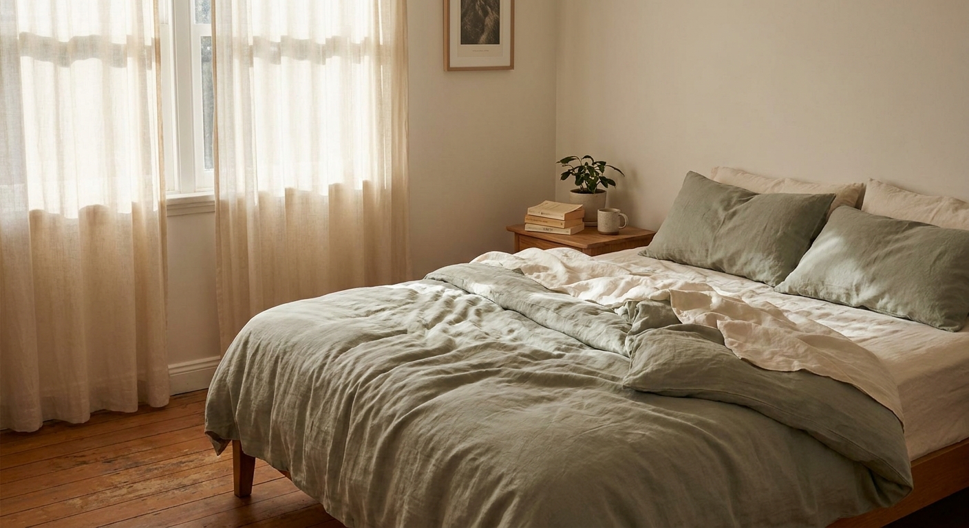 Calm unmade bed with sage and cream linen bedding in morning light