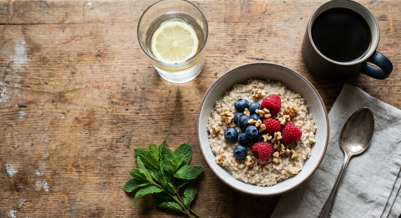 Overhead view of a balanced breakfast with oats, berries and walnuts